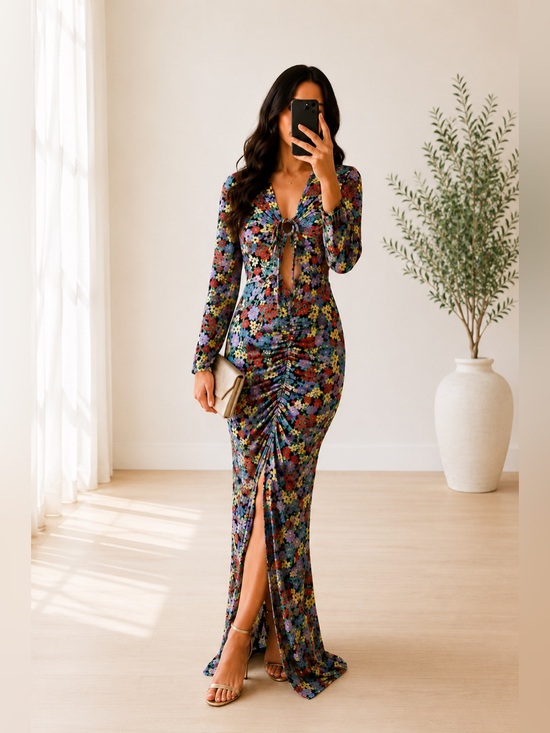 ASOS Dresses & Skirts - ASOS DESIGN Floral Ruched Cut Out Maxi Dress Long Sleeve Bodycon US 6